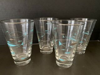Vintage Mcm Libbey Atomic Fish Barware Drink Glass Set Of 4 Turquoise Silver