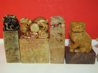 4 Vtg/antique Hand Carved Stone Chinese Foo Dogs & Dragon W/phoenix Stamps Seals