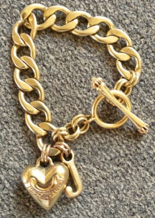 Vintage Juicy Couture Charm Bracelet Gold Tone Heavy Puffy Heart 8 " Chain Toggle