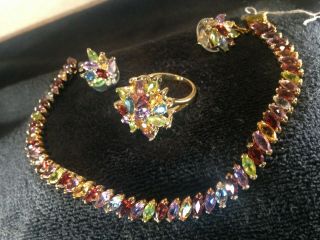 Vtg 925 Gold Vermeil Jewelry Set (ring Bracelet Earrings) W/100 Real Gemstones