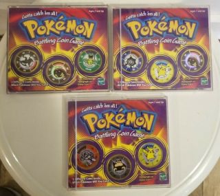3 Vintage 1999 Pokemon Battling Coin Games W/9 Coins Pikachu Kabuto Machoke,