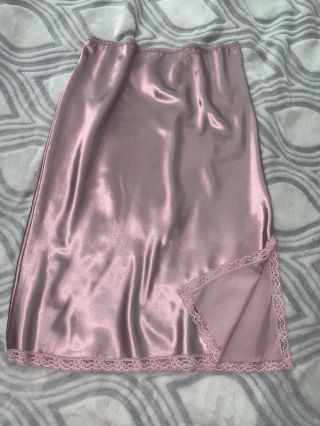 Vtg Liquid Oily Pink Satin Half Slip Skirt Long Lace Hem L 38 " 40 "