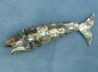 Abalone Shell Articulated Fish Bottle Opener Mexico Vintage 7 - 1/2 Inch