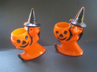 Vintage Halloween (2) Plastic Witch With Pumpkin Candy Container