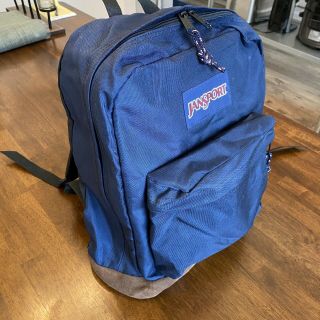 Vintage Jansport Suede Leather Bottom Backpack,  2 Pocket,  Navy Blue Nylon Straps