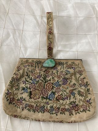 Antique Petit Point Floral Embroidered Handbag Purse W/ Carved Stone Clasp