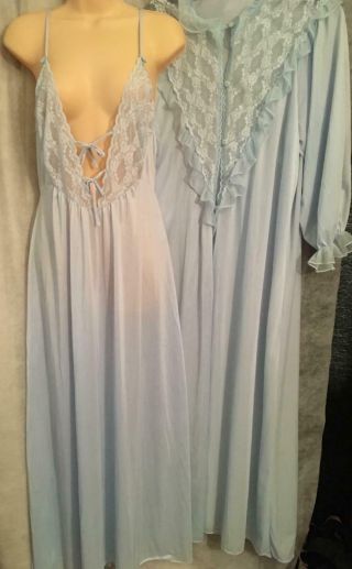 Vtg Pandora Pretty Blue Nylon Long Nightgown Robe Set Large L Lace Bust Chic