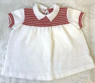 Handknit Baby Infant Dress White Red Bodice Detail Collar Doll Bear Display Vtg