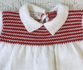Handknit Baby Infant Dress White Red Bodice Detail Collar Doll Bear Display Vtg 3