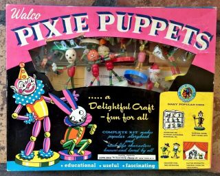 Walco Pixie Puppets Craft Kit 1960 Vtg Beads Wood Spun Cotton Pipecleaner Toy