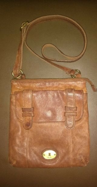 Fossil Long Live Vintage Saddle Brown Distressed Leather Crossbody Bag