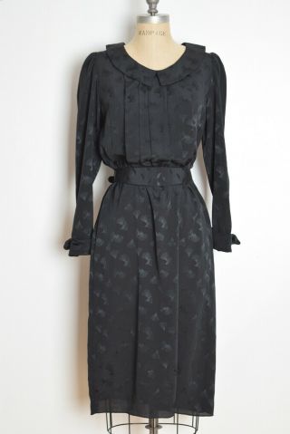 Vintage 80s Secretary Dress Black Fans Bloused Belted Midi Dress M Simple