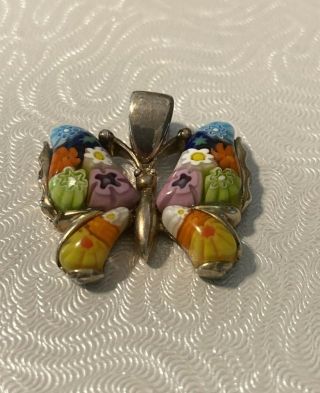 Alan K.  Vintage Sterling Silver Millefiori Butterfly Pendant,  Signed