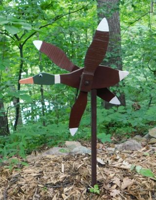 Vintage Handmade Wood Mallard Duck Wind Spinner Folk Art Garden Yard Whirligig