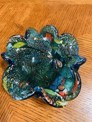 Gorgeous Vintage Murano Glass Bowl Dish Multi - Color Silver Flakes Swirl Blue