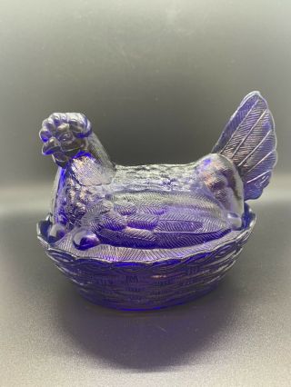 Vintage Westmoreland Cobalt Blue Hen On A Nest Covered Dish Basketweave
