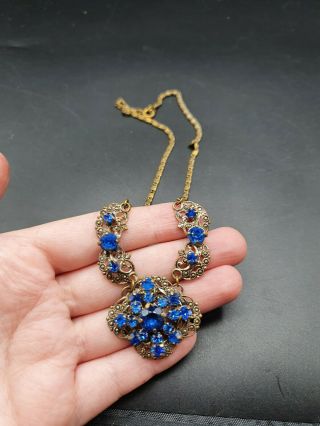 Vintage Antique 1930s Czech Blue Glass Filigree Necklace