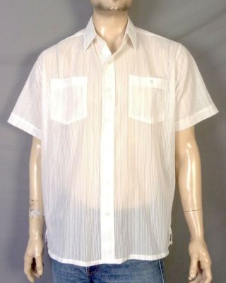 Vintage 70s Envoy Sheer See Through White Tan Striped Shirt Button Down Sz Xl