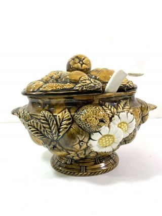 Vntg Ceramic (?) Soup Tureen - Bowl With Lid & Ladle Fruit Daisy Design Japan Mark