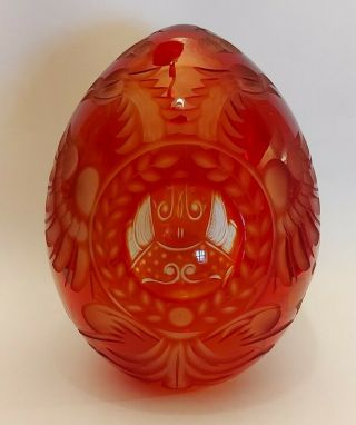 Vintage Russian Etched Ruby Red Glass Egg Imperial Twin Headed Eagle