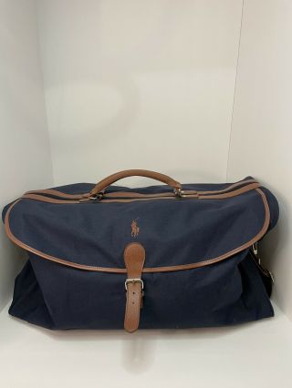 Vintage Polo Ralph Lauren Travel Duffle Carry Bag Blue Canvas Leather