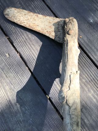 Vintage Rusty Scythe Sickle Blade 7” Wood Branch Handle 40” Tool 3