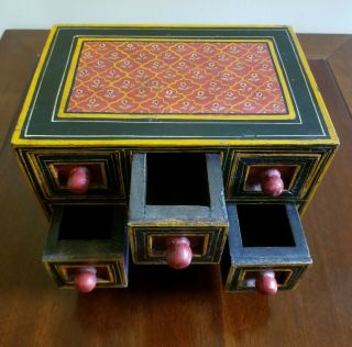 Very Old Primitive 6 Drawer Wooden Spice Box - Hand - Painted,  Middle Eastern Boho