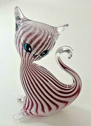 ✅ Vintage Murano Italian Art Glass Cat In Red And White Stripes - 5 " Tall ✅