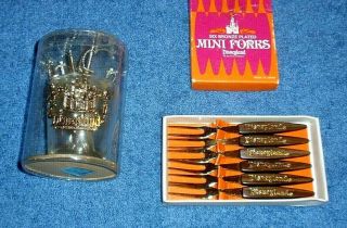Vintage Disneyland Souvenir Mini Forks And Sword Picks In Glass W/ Mickey & Tink