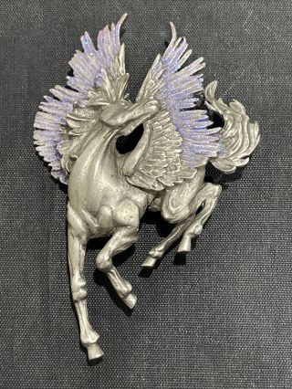 Vintage Pegasus Flying Horse Brooch Signed Jj Pin Purple Glitter Wings A53