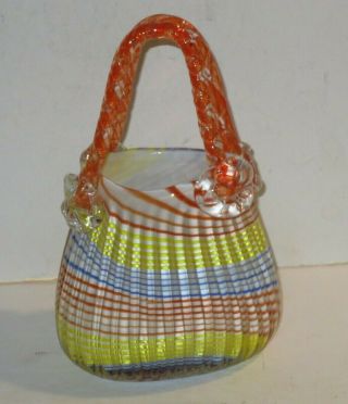 Vintage Murano Encased Ribbed Art Glass Handbag Purse Vase With Swirl Stripes