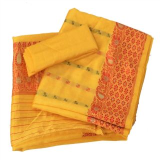 Sanskriti Vintage Yellow Sarees Blend Silk Woven Craft Fabric Sari Blouse Piece
