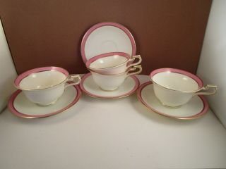 Vintage Allertons Old English Bone China Set Of 4 Tea Cups & Saucers Pink Band