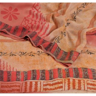 Sanskriti Vintage Peach Sarees 100 Pure Crepe Silk Printed Sari Craft Fabric 2