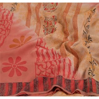 Sanskriti Vintage Peach Sarees 100 Pure Crepe Silk Printed Sari Craft Fabric 3