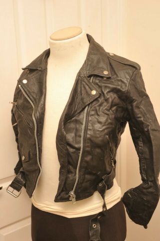 Vintage 1970s Leather Black Biker Motorcycle Jacket Medium (small) Red Lining