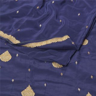 Sanskriti Vintage Blue Sarees Pure Crepe Silk Hand Embroidered Suzani 5yd Fabric