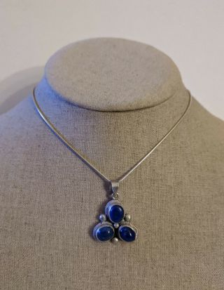 Vintage Sterling Silver Necklace With Silver And Blue Stone Pendant
