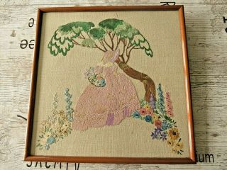 Vintage Hand Embroidered Picture In Frame - Crinoline Lady