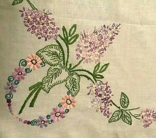 Vintage Art Deco Linen Table Cloth Embroidered With Lilac Flowers
