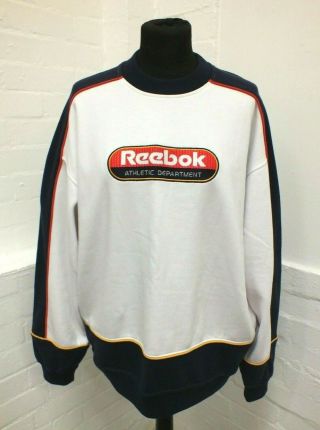 Vintage Retro Reebok White Sweatshirt Embroidered Patch Logo Front Size L (hol)