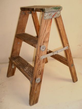 Vintage Wooden 2 Step Ladder.  Plant Stand Paint Splatters 23 " Galvanized Hardware