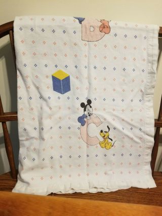 Vtg Dundee Disney Babies Nylon Trim Flannel Crib Blanket 46x36 Mickey Usa 1984