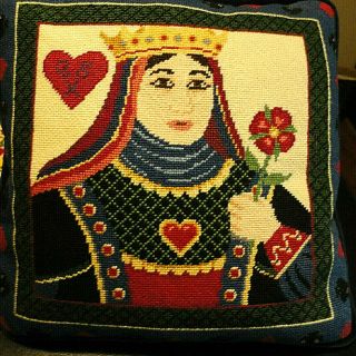 Pillow,  Needle Point,  Queen Of Hearts Card Motif (card Symbols Border) Vintage