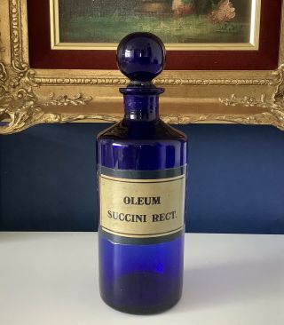 Vintage Bristol Blue Glass Apothecary Chemist Bottle Oleum Succini Rect.
