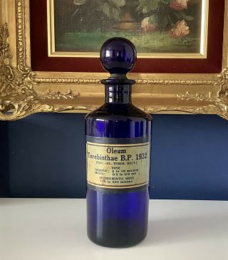 Vintage Bristol Blue Glass Apothecary Chemist Bottle Oleum Terebinthae B.  P.  1932