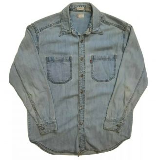 Vintage Levis Denim Shirt Mens Small Metal Button Up Light Wash Jean Loose Fit