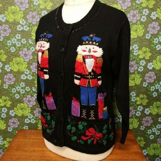 Vintage Black Nutcracker Holly Embroidered Christmas Cardigan (jumper) Sz S