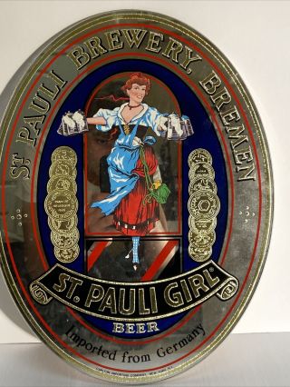 Vintage St.  Pauli Girl Beer Sign,  Mirror Embossed Plastic,  Germany Brewery