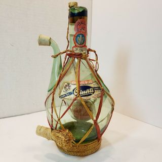 Vtg Italian Wine Decanter Wicker Basket Green Glass Chianti Bottle Ice Chamber
